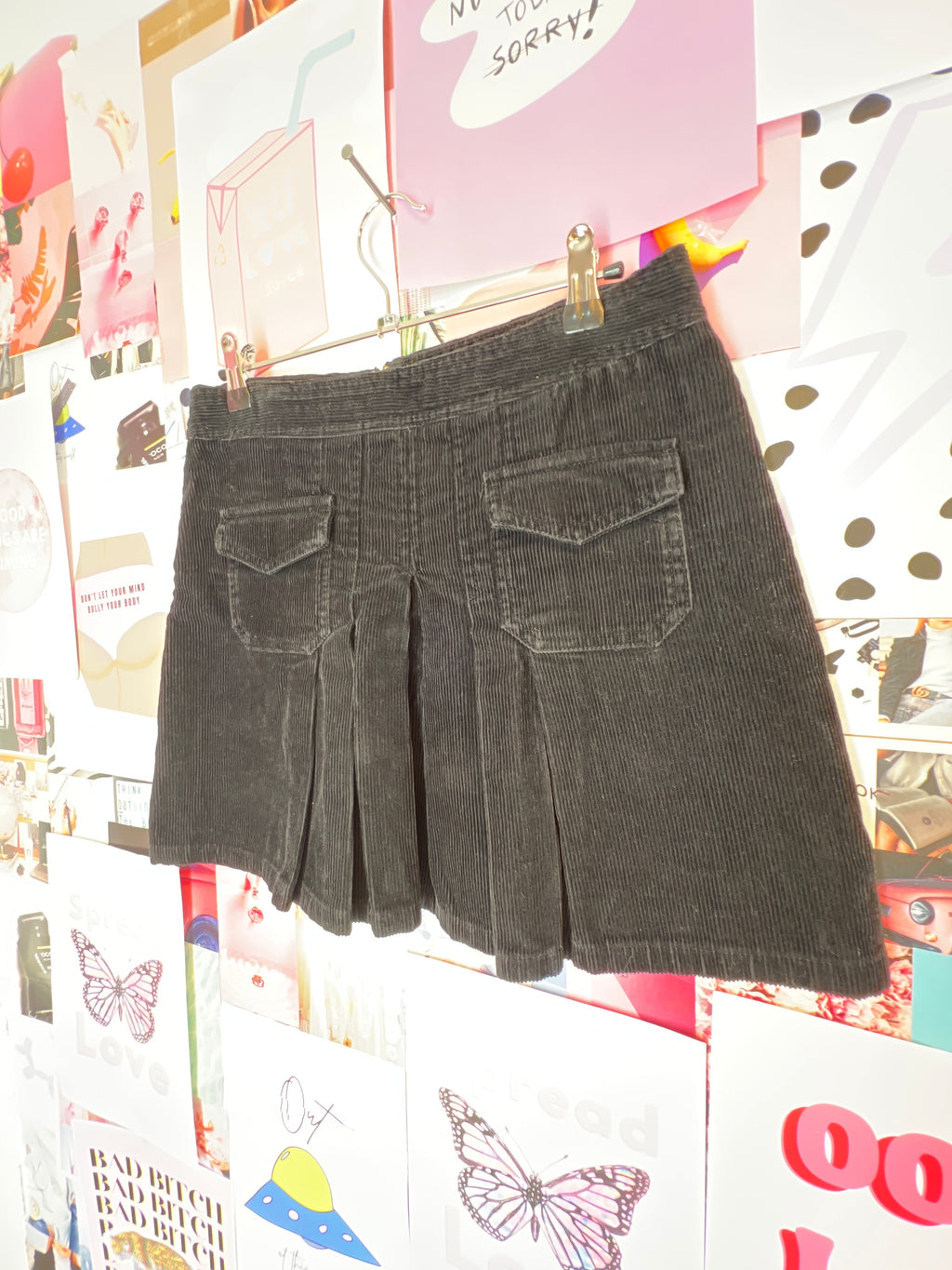 Black Pleaded Corduroy Skirt