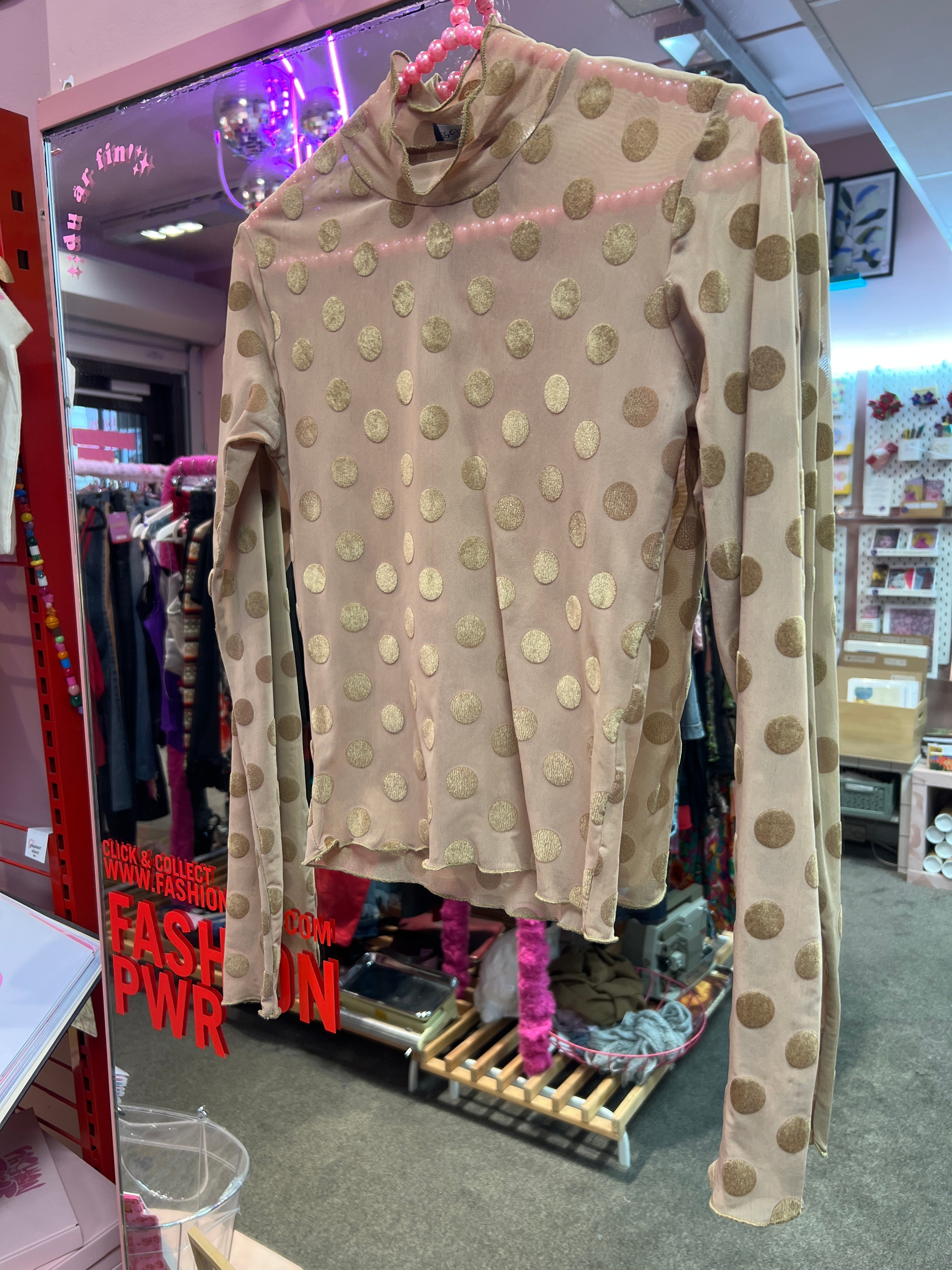 Brown polka dots mesh top