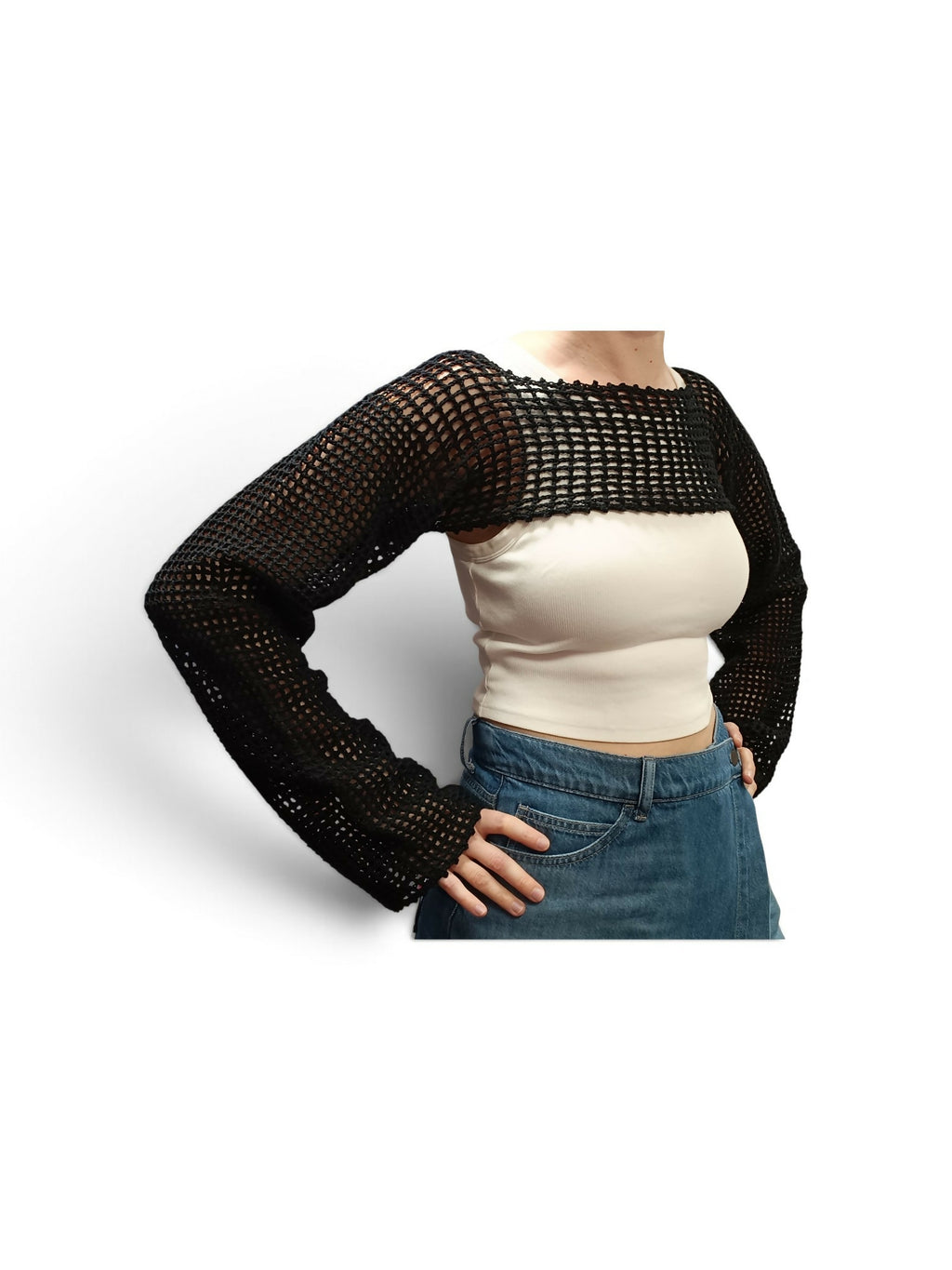 Mesh crop top with sleeves in black
