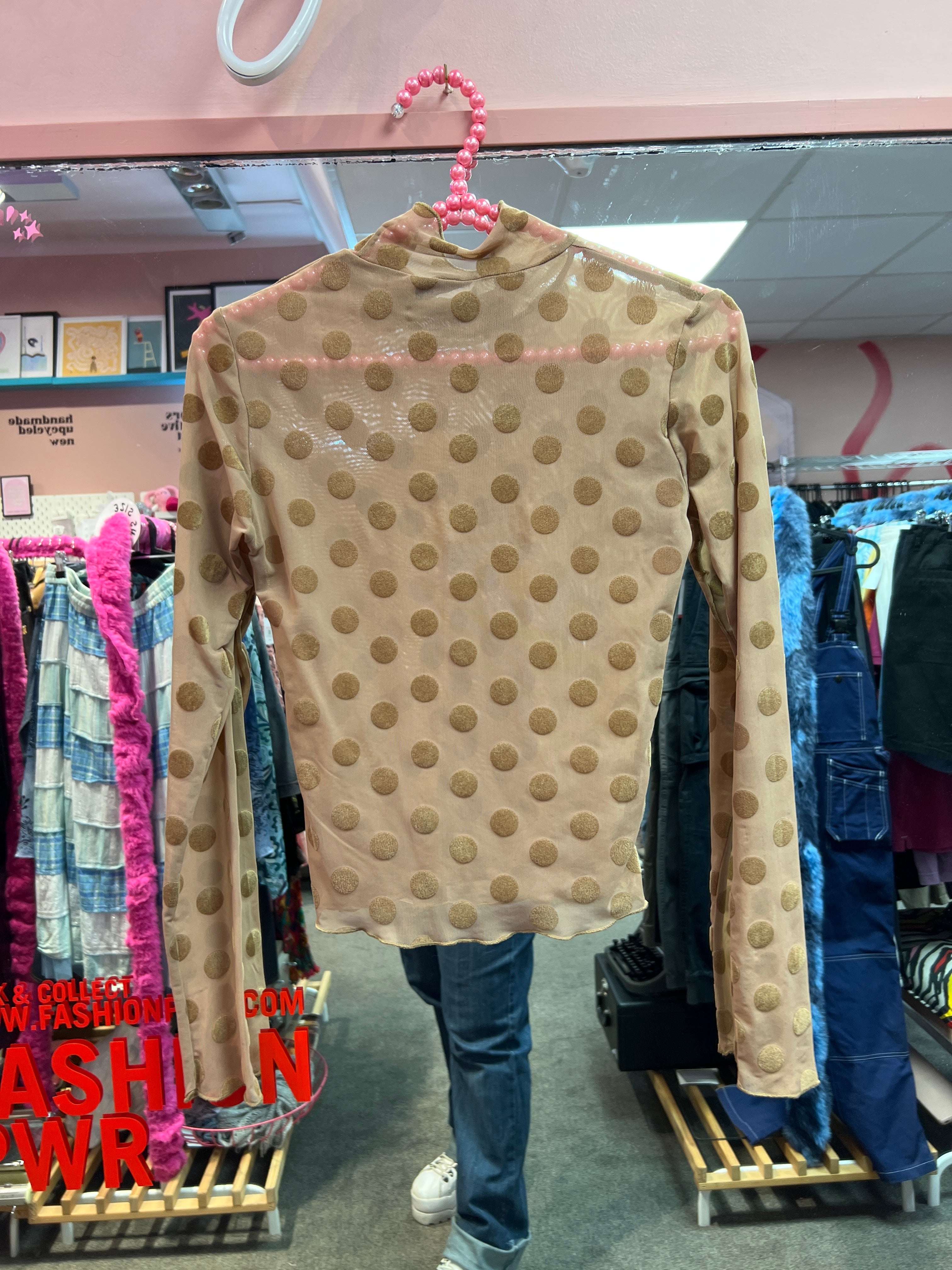 Brown polka dots mesh top
