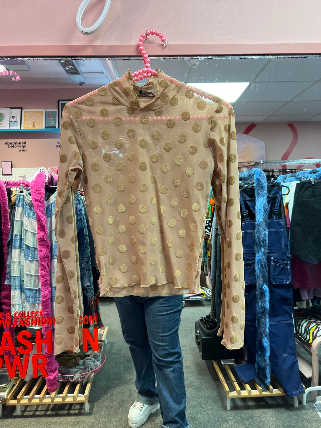 Brown polka dots mesh top