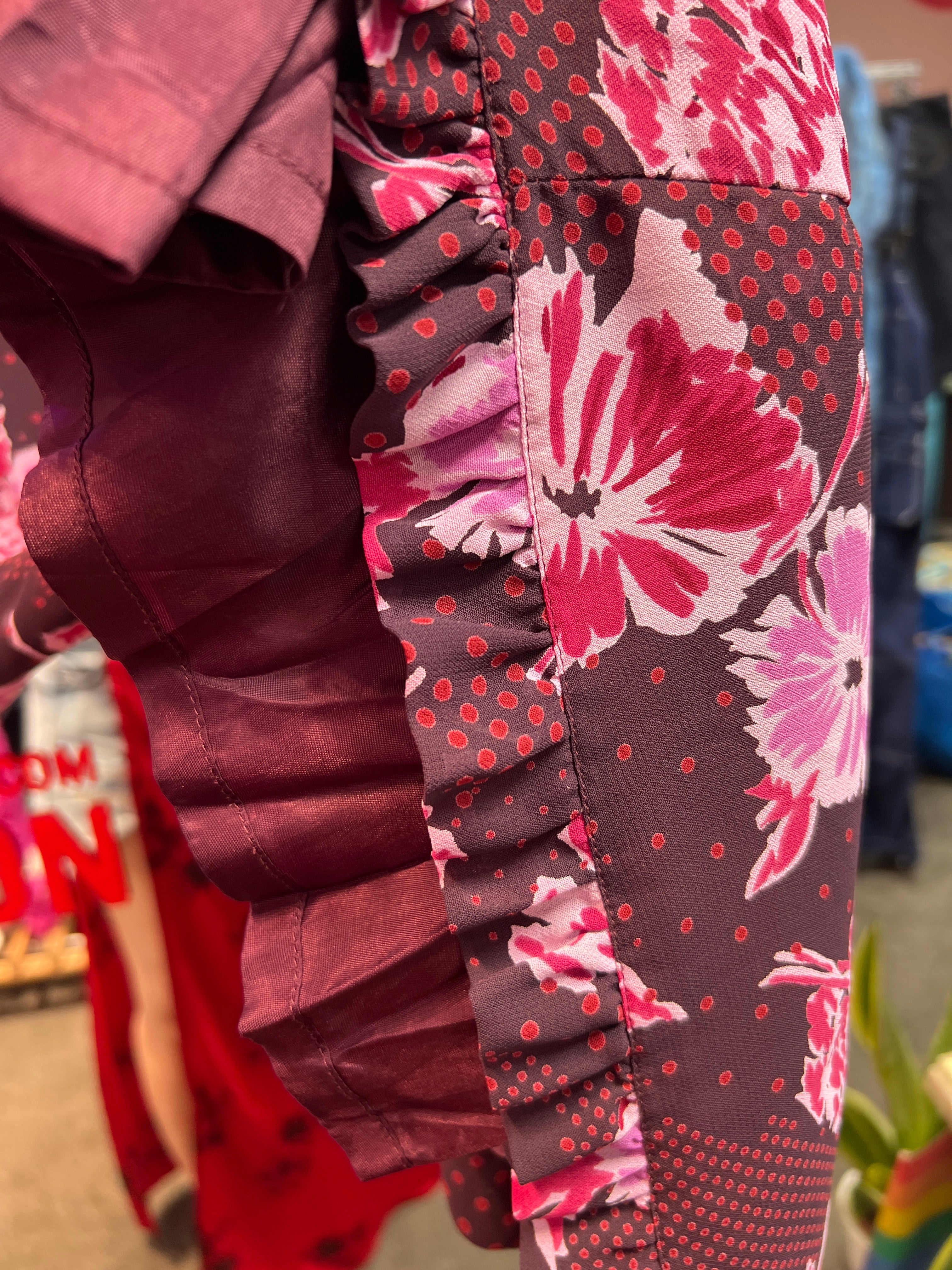 Red polka dots and pink flowers dress