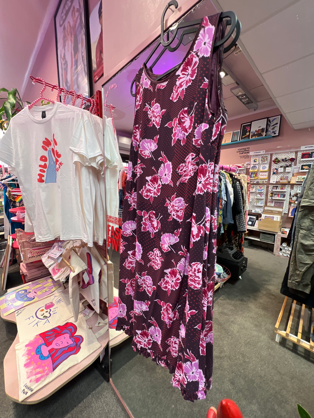 Red polka dots and pink flowers dress