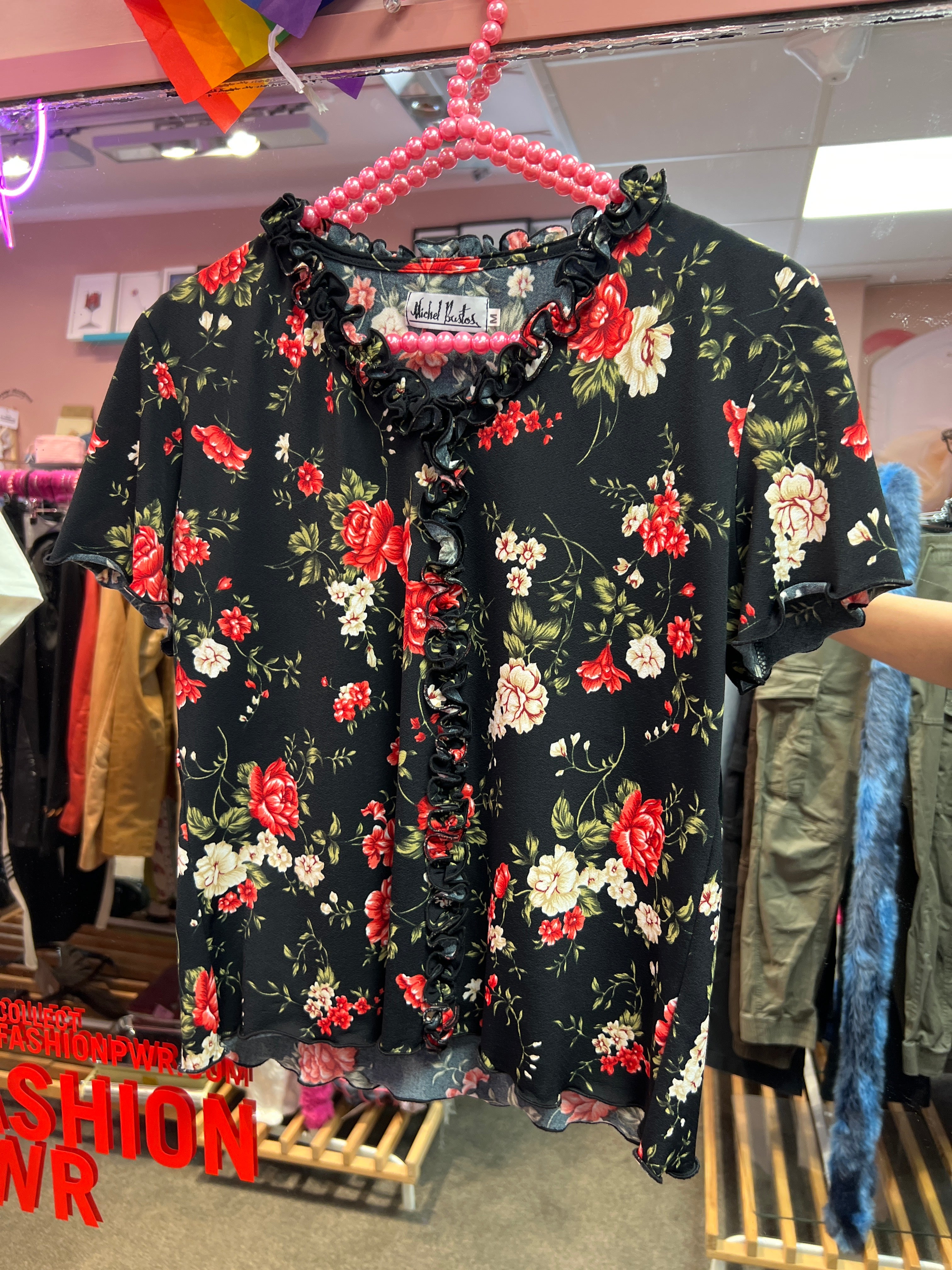 Black flower top with frills