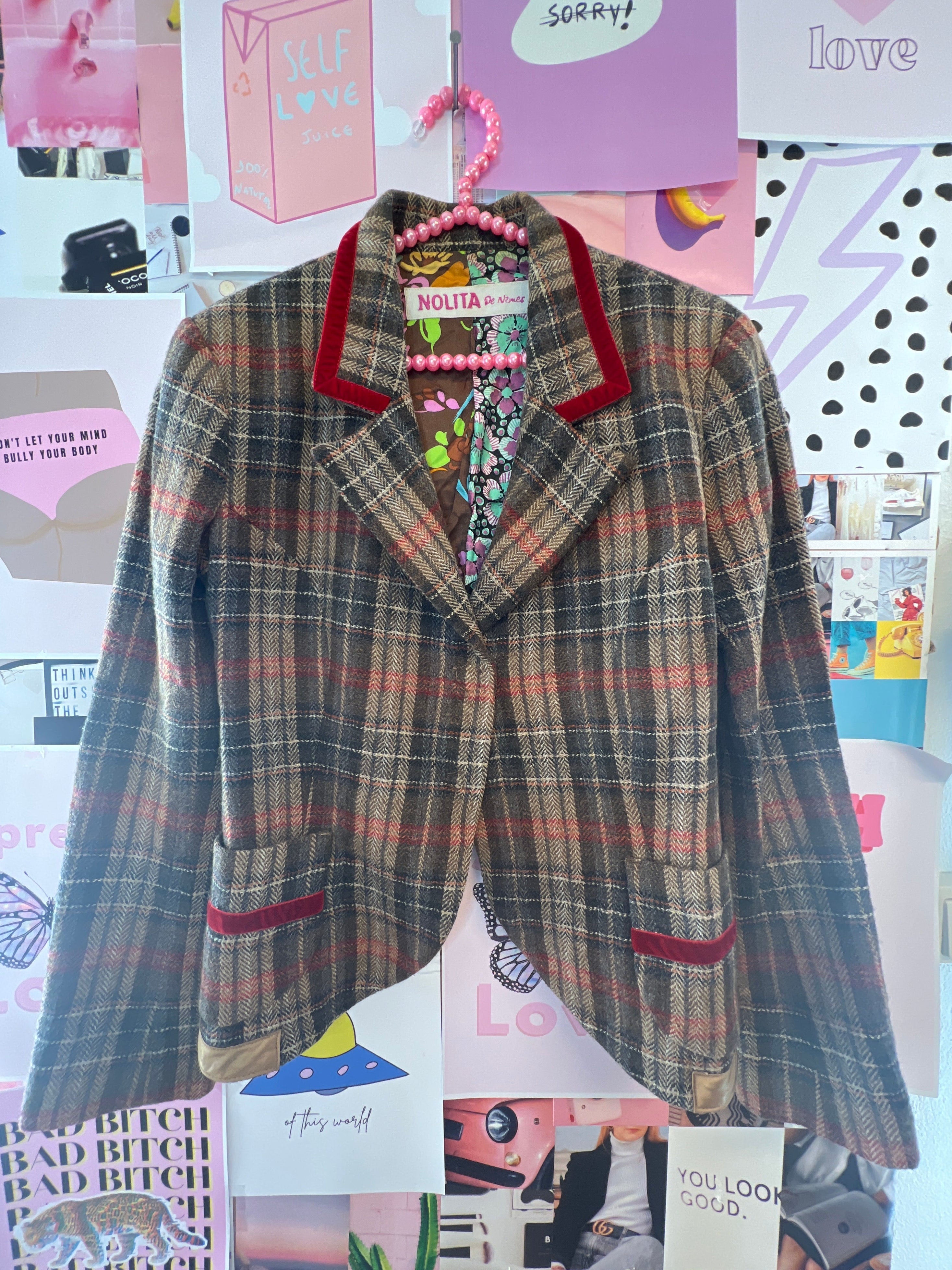 Brown Plaid Blazer with Velvet Details