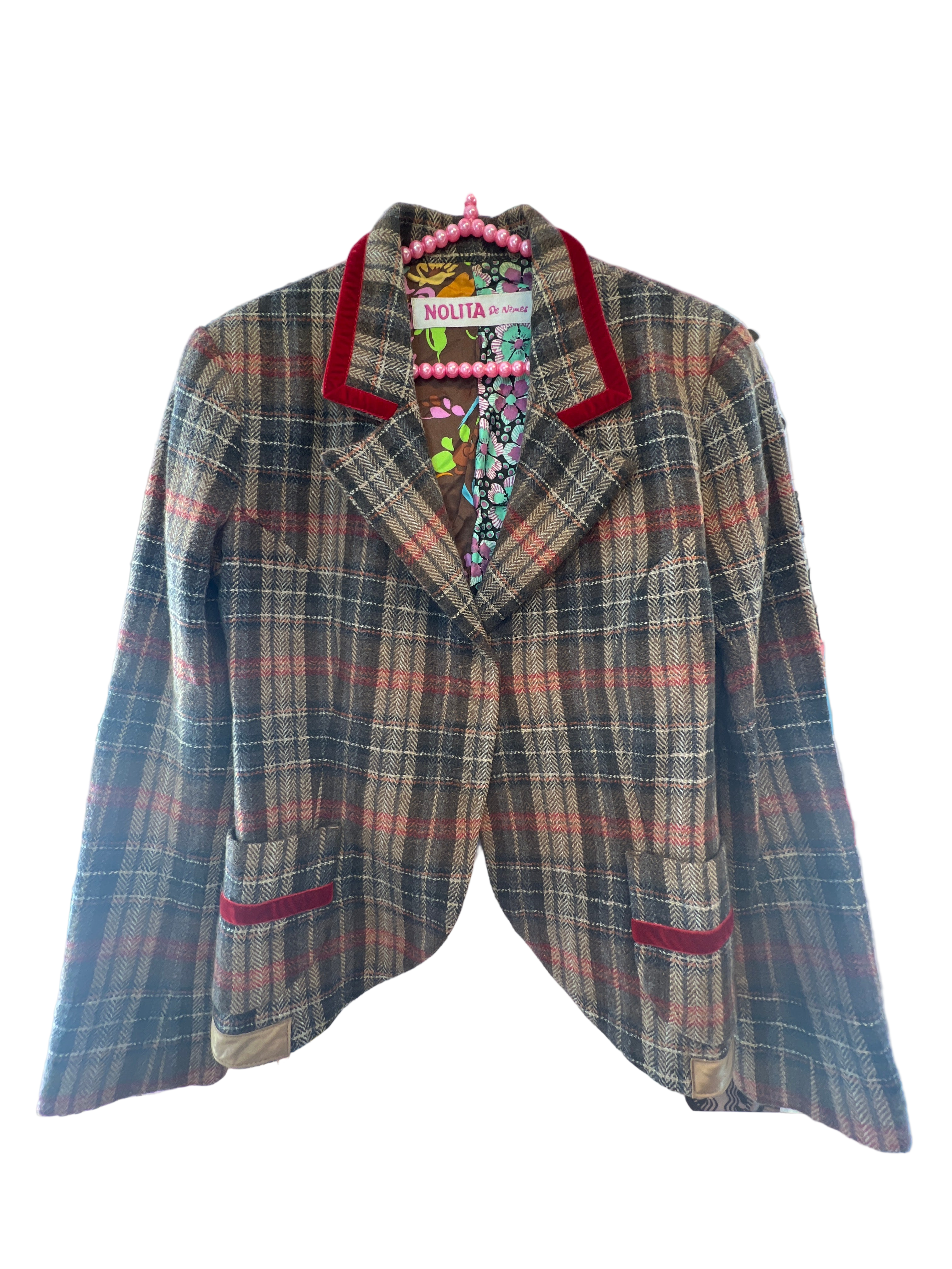 Brown Plaid Blazer with Velvet Details