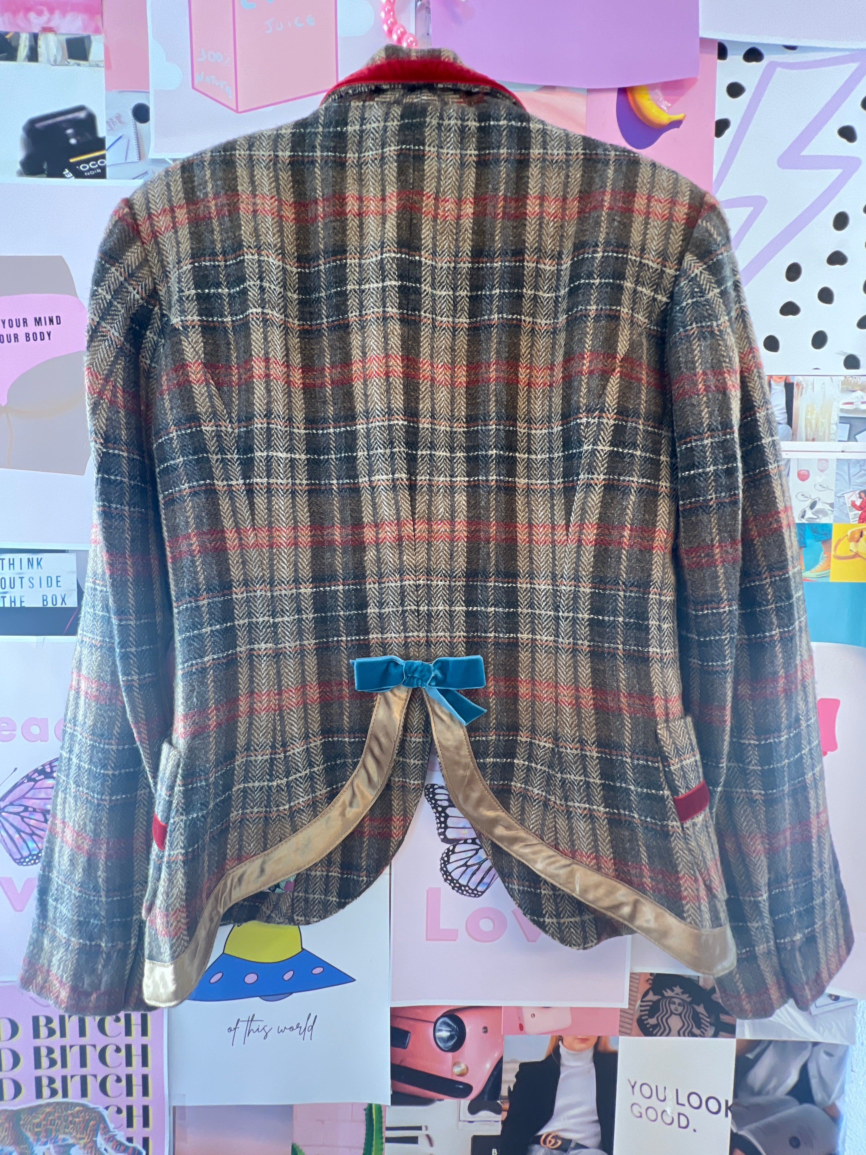 Brown Plaid Blazer with Velvet Details