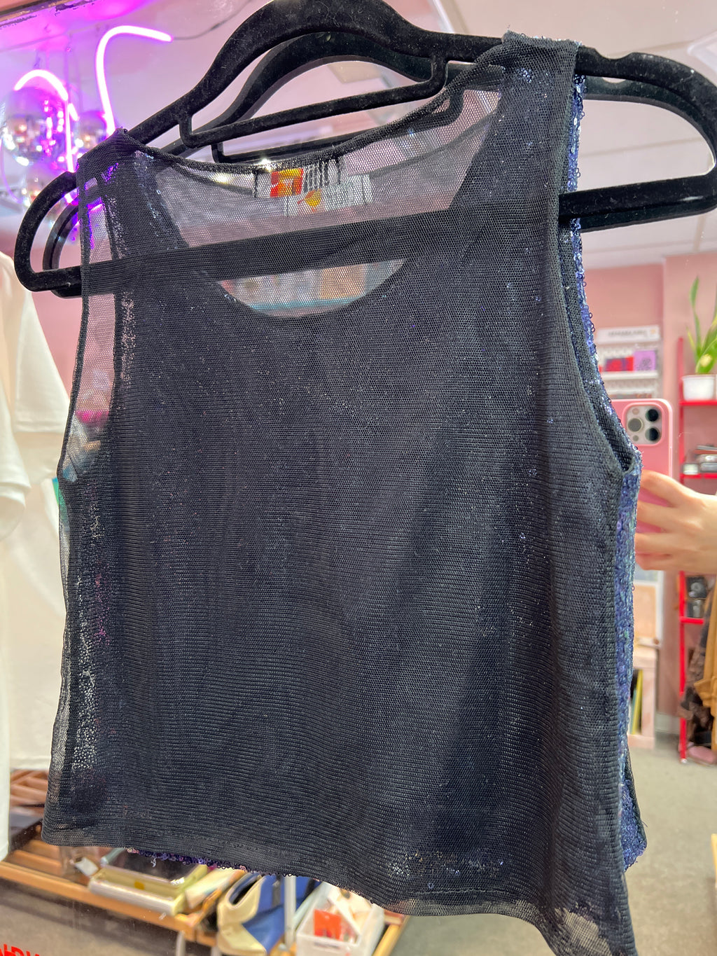 Shiny mesh back top