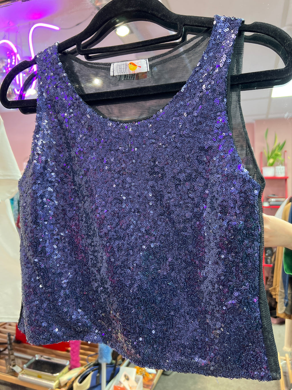 Shiny mesh back top