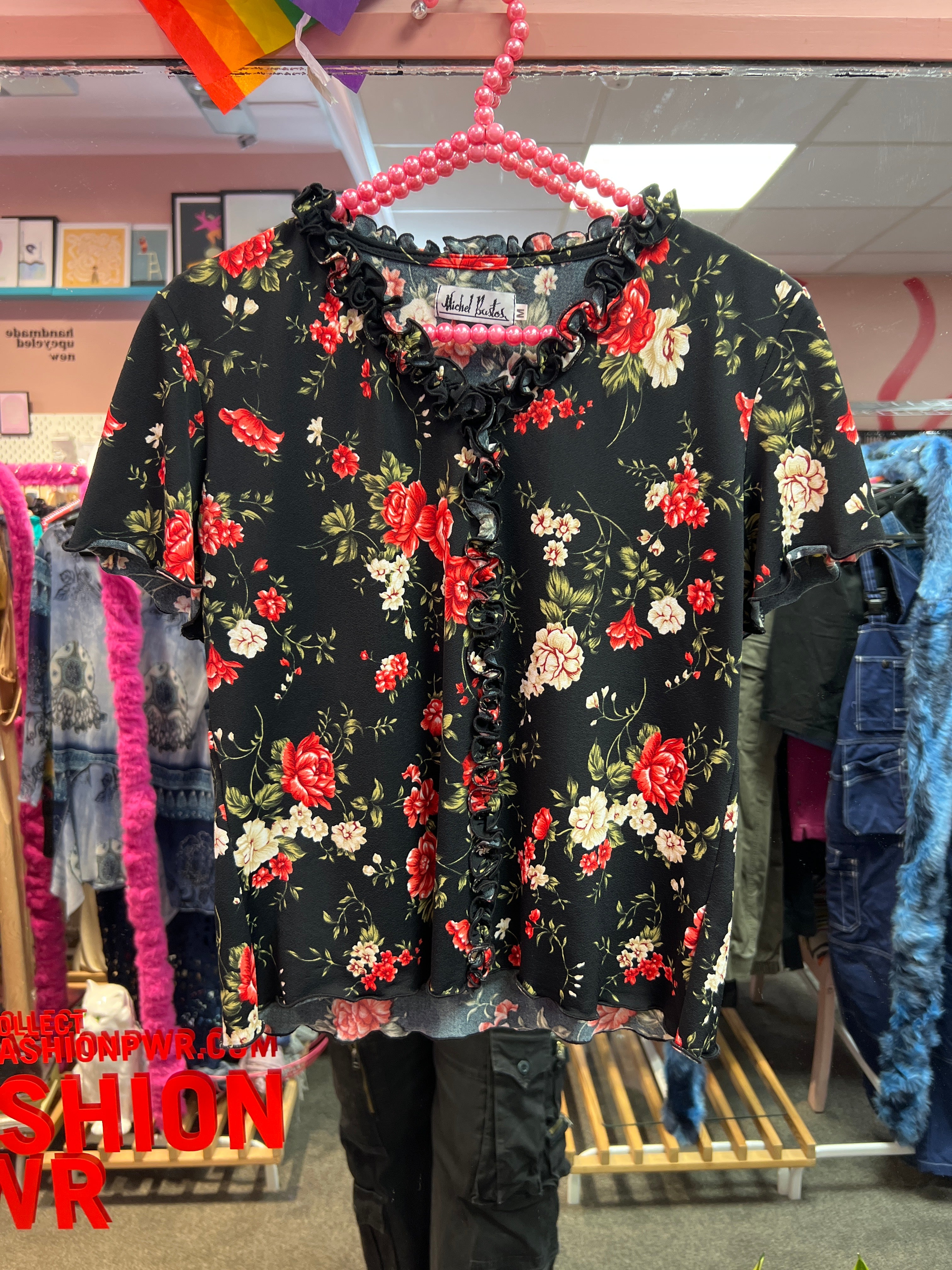 Black flower top with frills