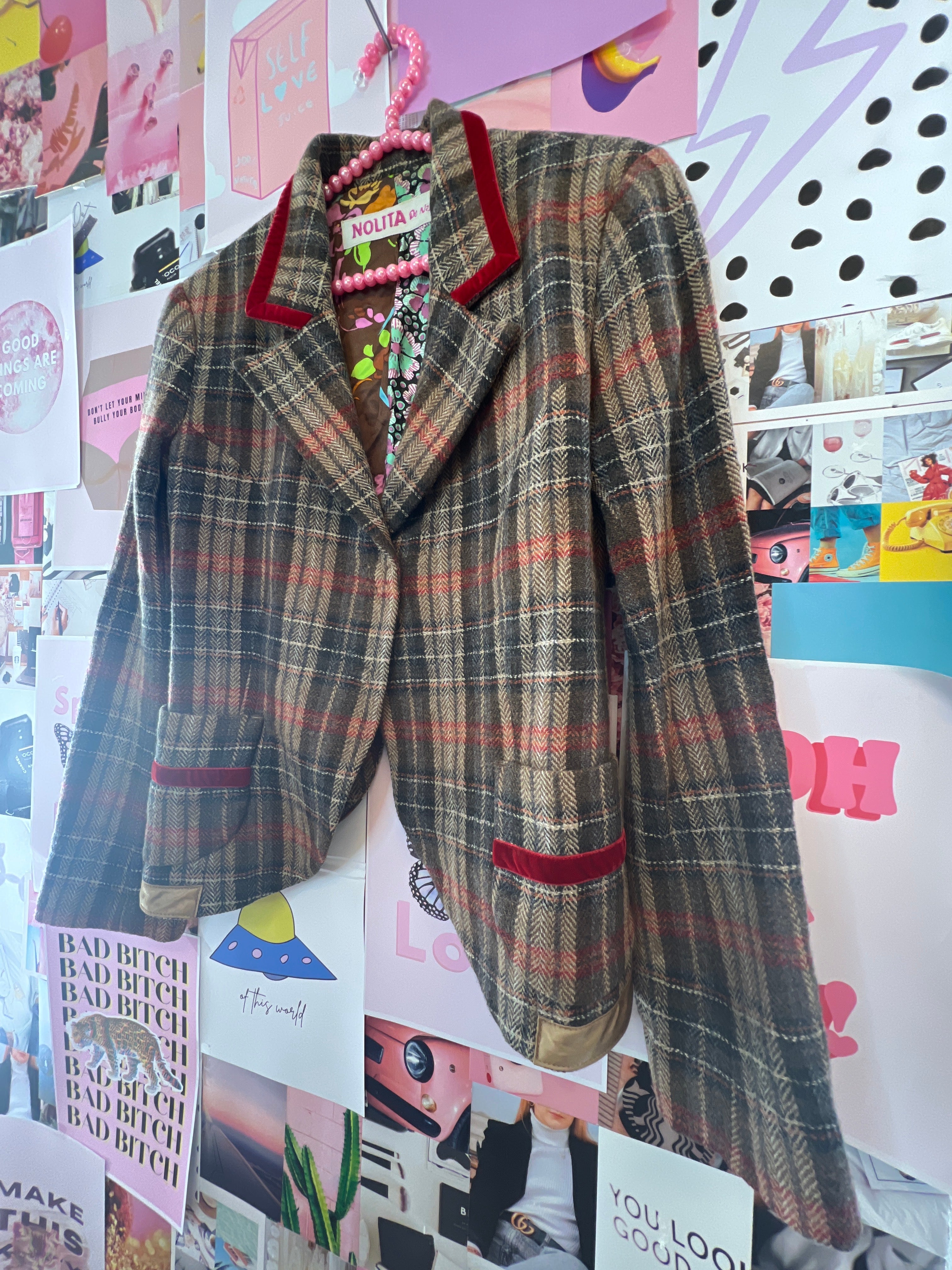 Brown Plaid Blazer with Velvet Details