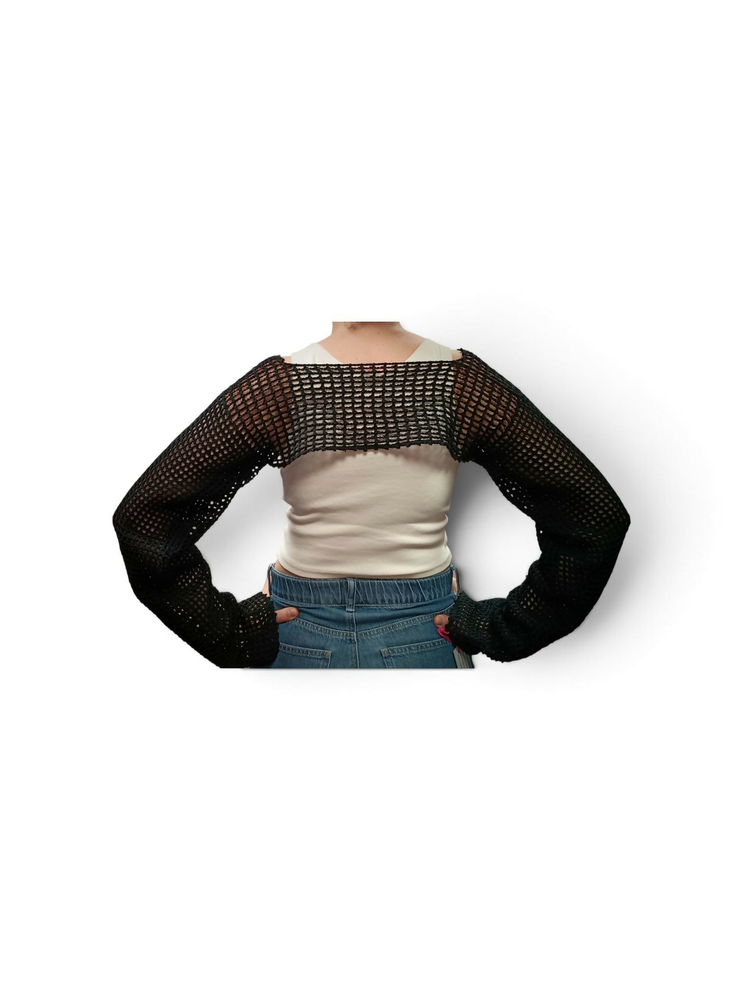 Mesh crop top with sleeves in black