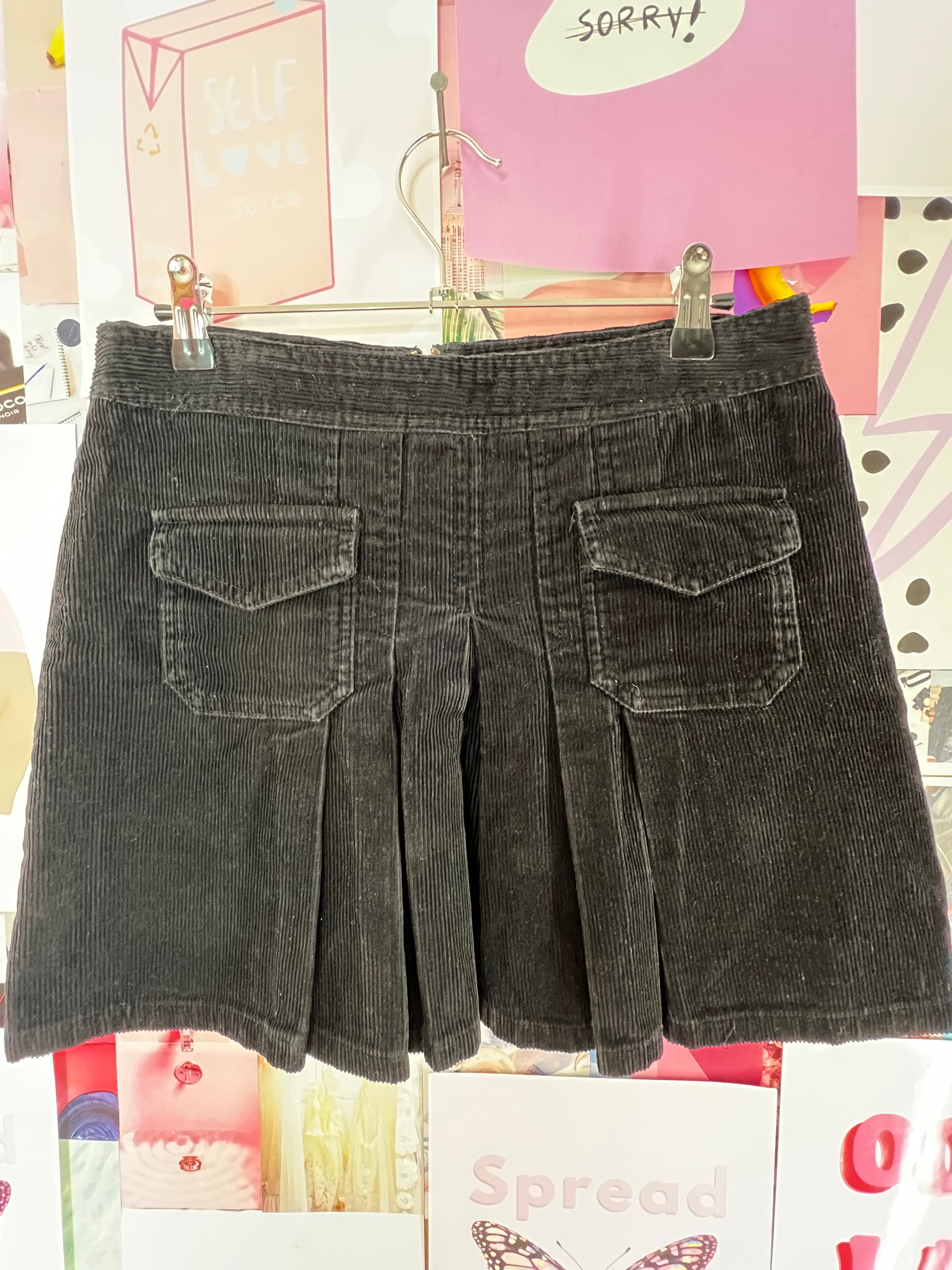 Black Pleaded Corduroy Skirt